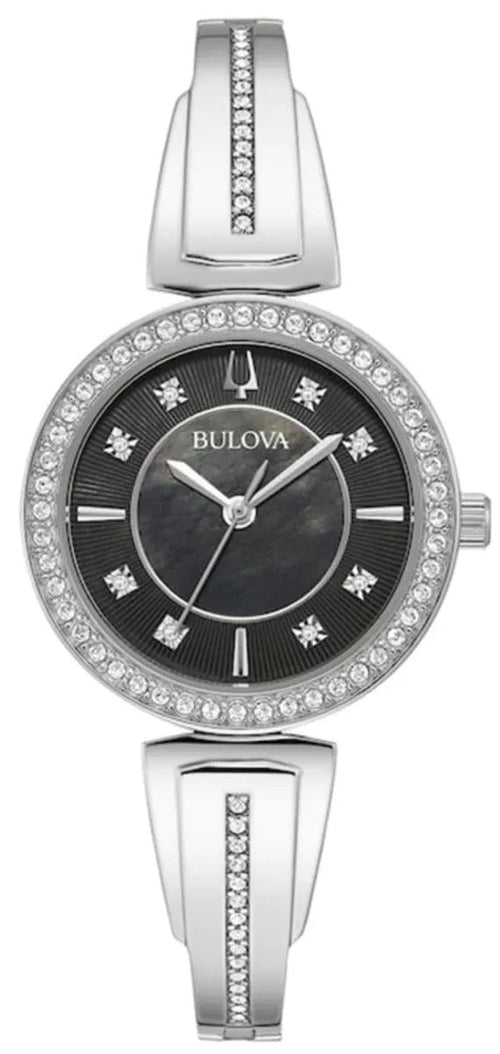 Bulova Crystal Black Mother of Pearl Dial Steel Reloj de mujer