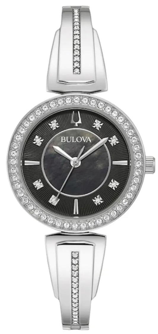 Bulova Crystal Black Mother of Pearl Dial Steel Reloj de mujer