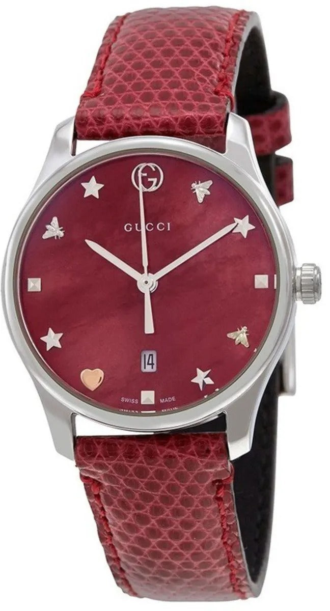 Gucci G-Timeless Red Mother of Pearl Dial Leather Strap Reloj de mujer