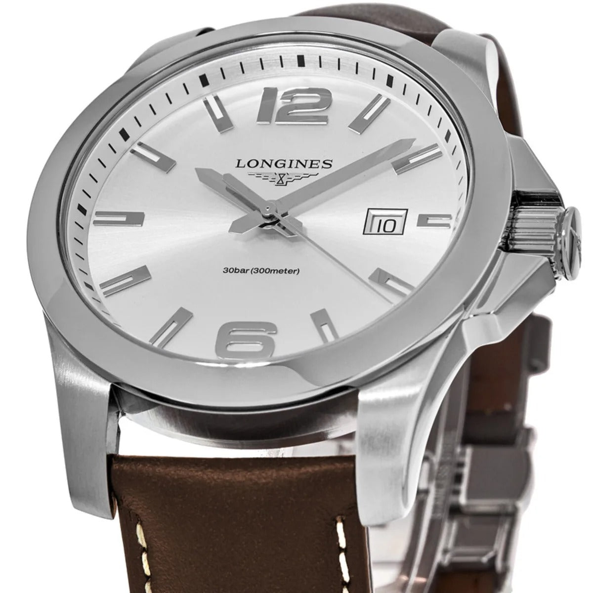 Longines Conquest 43 Silver Dial Brown Leather Strap