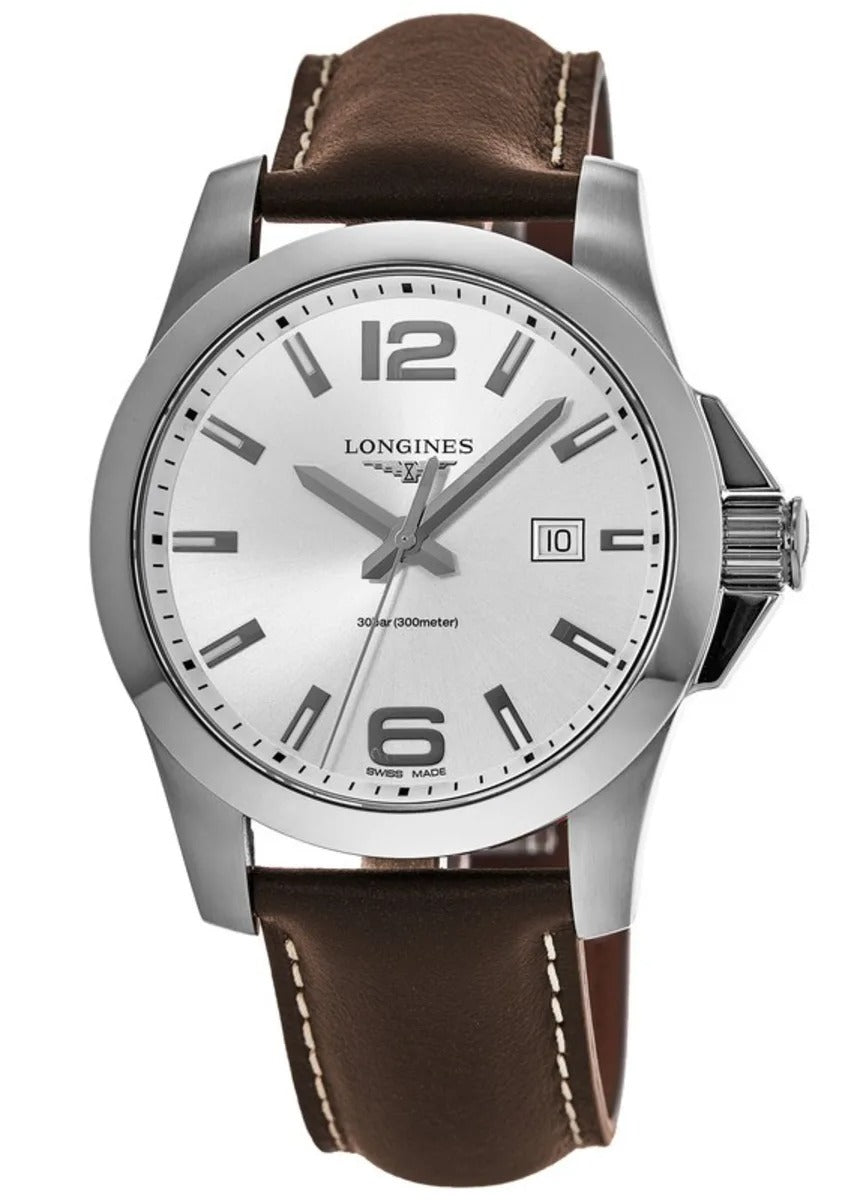Longines Conquest 43 Silver Dial Brown Leather Strap Reloj de hombre