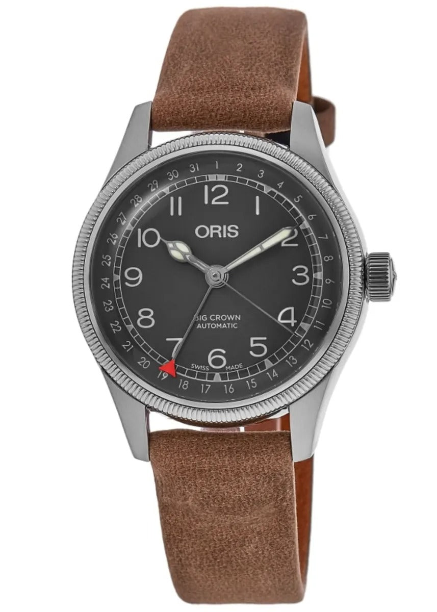 Oris Big Crown Pointer Date Automatic 36mm Black Dial Brown Leather Strap Unisex Watch