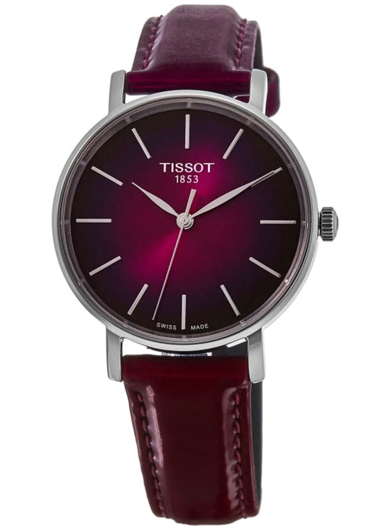 Tissot Everytime Burgundy Dial Leather Strap Reloj de mujer