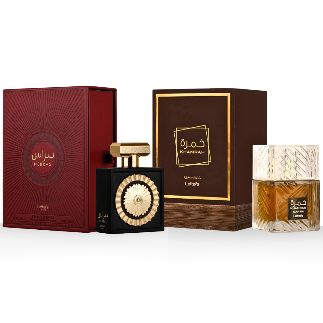 Nebras EDP 100ML (3.4 OZ) by Lattafa Pride & Khamrah Qahwa EDP 100ML (3.4 OZ) by Lattafa. (ENCHANTED BUNDLE)