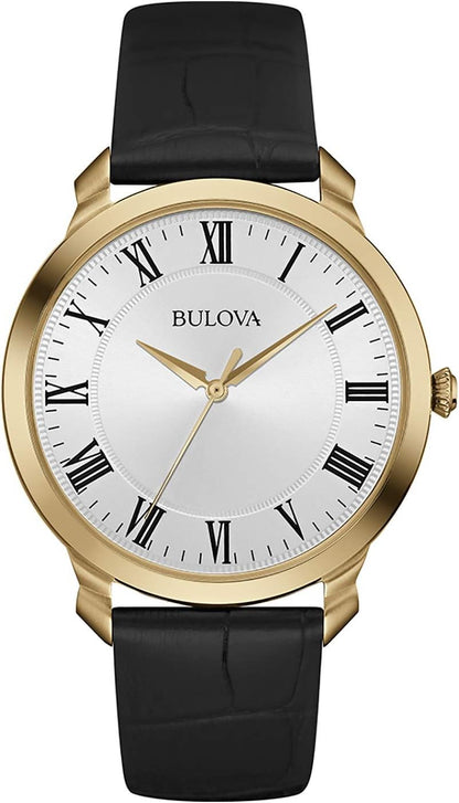 Men'S Classic 3-Hand Quartz Black Leather Strap Watch, Roman Numeral Markers, 41Mm Bulova