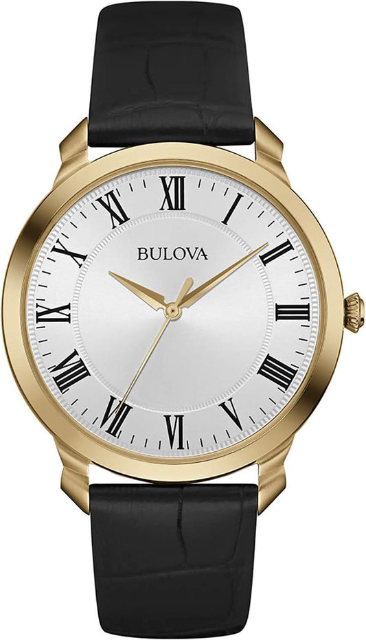 Men'S Classic 3-Hand Quartz Black Leather Strap Watch, Roman Numeral Markers, 41Mm Bulova